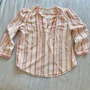 LOFT Red and Ivory Striped Ruffle Tie Neck Blouse.